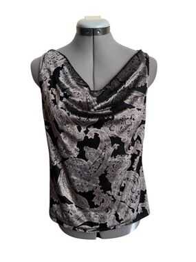 Suzy Shier Black Paisley Velvet Satin Tank Y2K Cowl Neck Sleeveless Blouse Chic